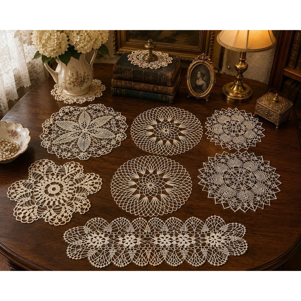 Vintage Crochet Lace Doilies Mixed Lot of 7 Handmade Floral Table Linens Ivory
